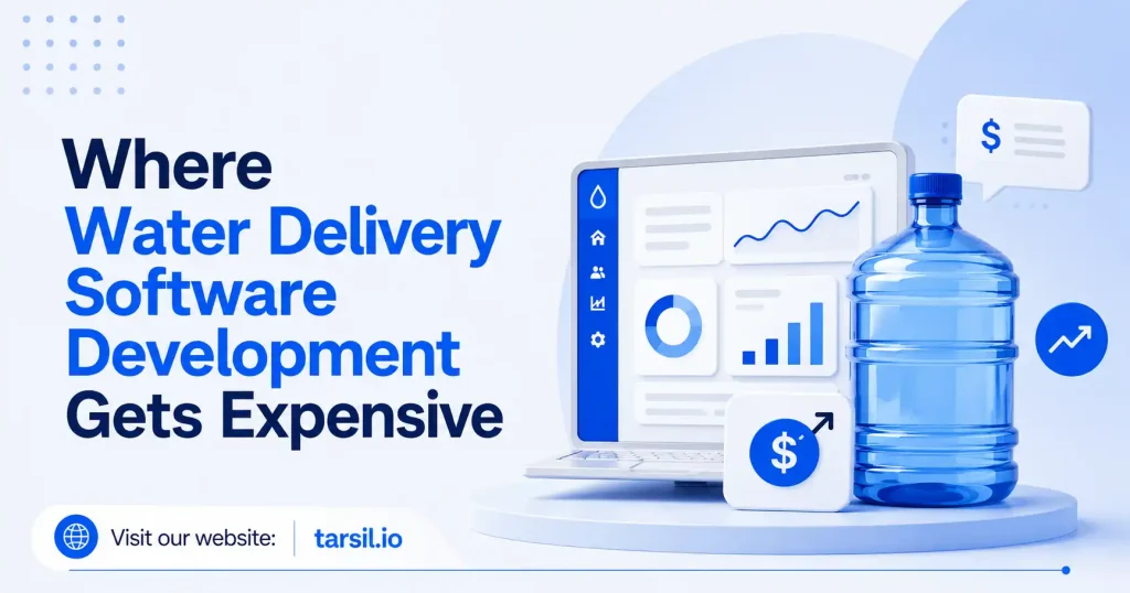 Water delivery software development cost illustration showing a water bottle, software dashboard, business analytics, financial icons, and growth indicators, highlighting why custom water delivery software can become expensive.