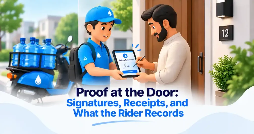 Water delivery rider collecting a customer signature on a tablet as proof of delivery, with water bottles and a delivery scooter outside the customer’s home. The visual highlights digital signatures, receipts, delivery confirmation, and rider records for better water delivery management and operational tracking.