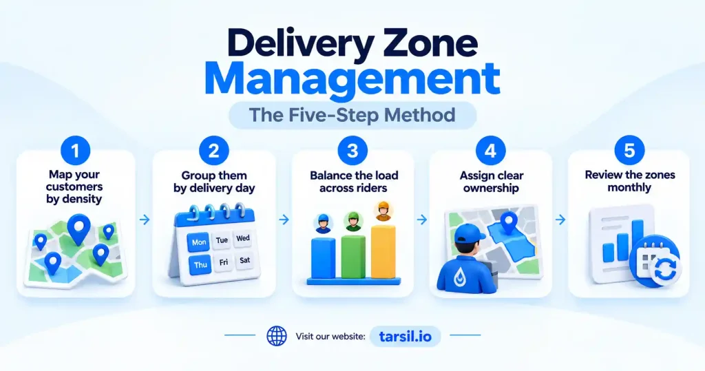 Delivery zone management infographic showing a five-step method: mapping customers by density, grouping delivery days, balancing rider workloads, assigning zone ownership, and reviewing delivery zones monthly for efficient route planning.