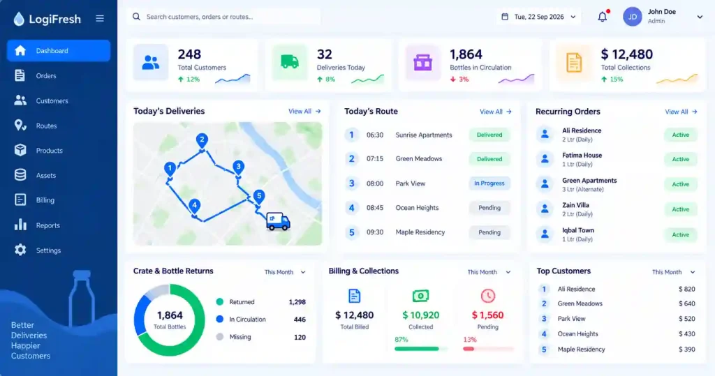Delivery management software dashboard displaying customer records, daily delivery routes, recurring orders, bottle tracking, billing, collections, and business performance reports.