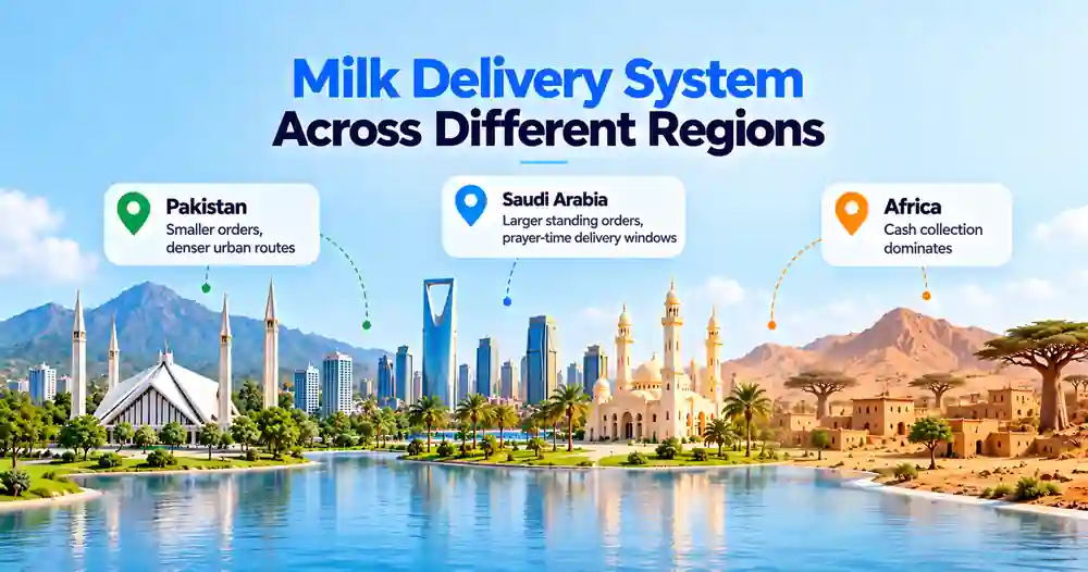Milk delivery system comparison across Pakistan, Saudi Arabia, and Africa showing regional delivery and operational differences.