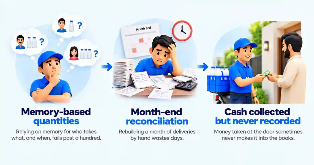 Delivery business challenges showing memory-based quantity tracking, manual month-end reconciliation, and unrecorded cash collections.