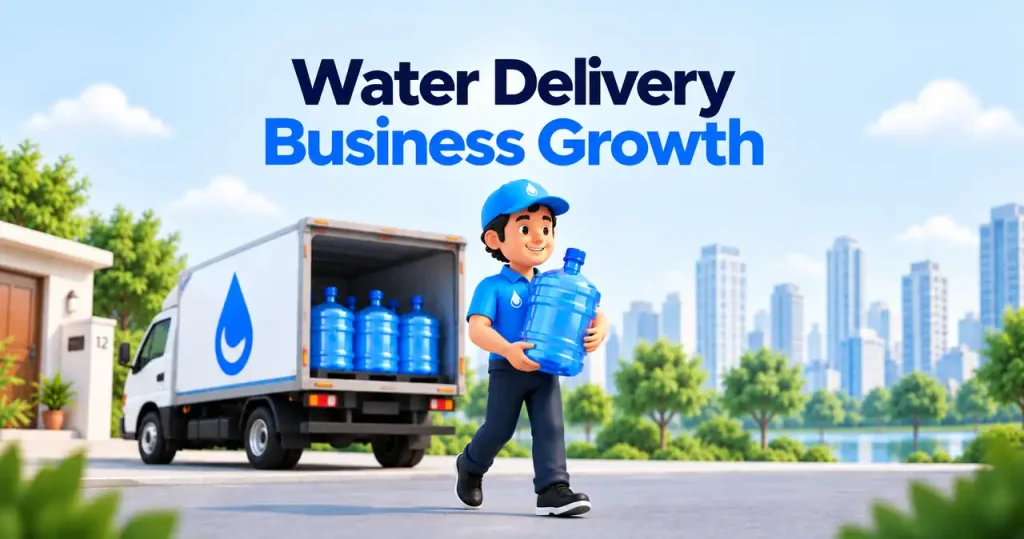 Water delivery business growth visual showing a delivery rider carrying a large water bottle beside a delivery truck loaded with bottled water. The image represents scalable water delivery operations, efficient distribution, growing customer demand, and organized delivery management for businesses looking to expand their water delivery services.