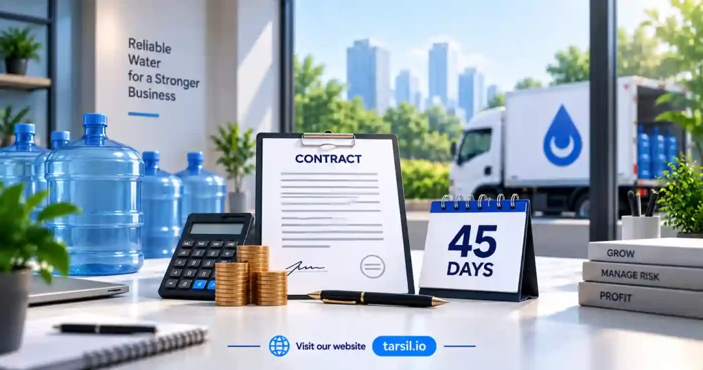 Corporate water delivery contract showing a 45-day payment term, calculator, coins, water bottles, and delivery truck, illustrating credit risk, cash flow management, and working capital challenges in water supply businesses.