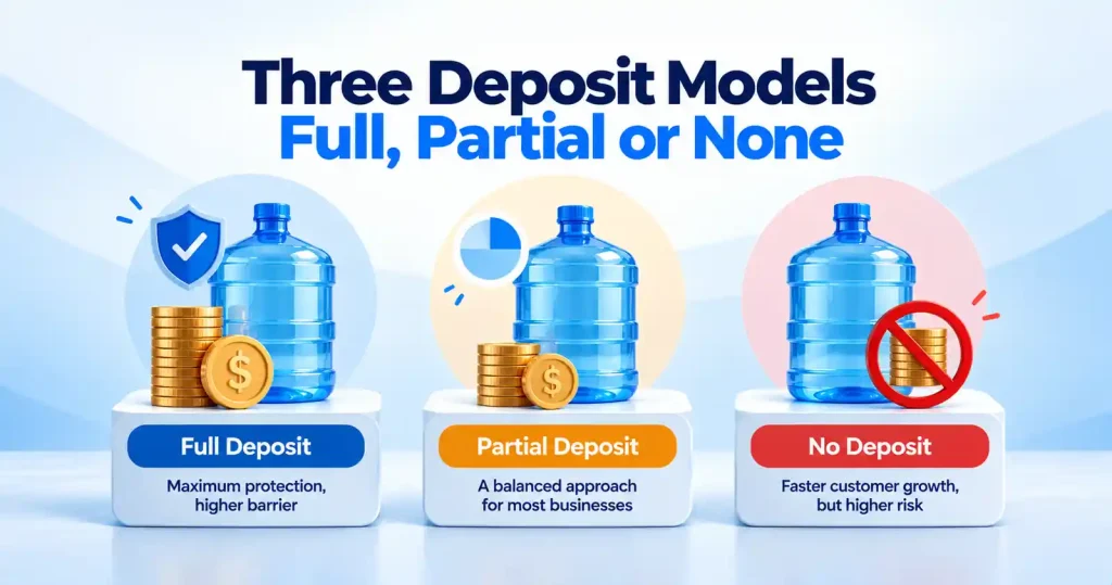 Three water delivery deposit models showing full deposit, partial deposit, and no deposit options for managing reusable water bottles, customer growth, asset protection, and business risk.