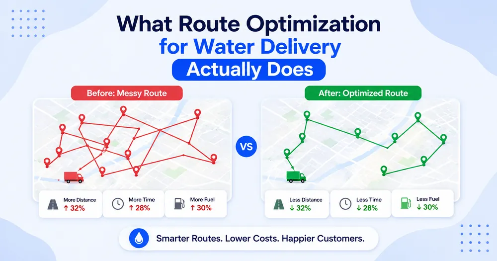 Water delivery route optimization comparison showing a messy route versus an optimized route, with reduced distance, delivery time, and fuel usage. The visual highlights smarter routes, lower delivery costs, and improved customer satisfaction for water delivery businesses.