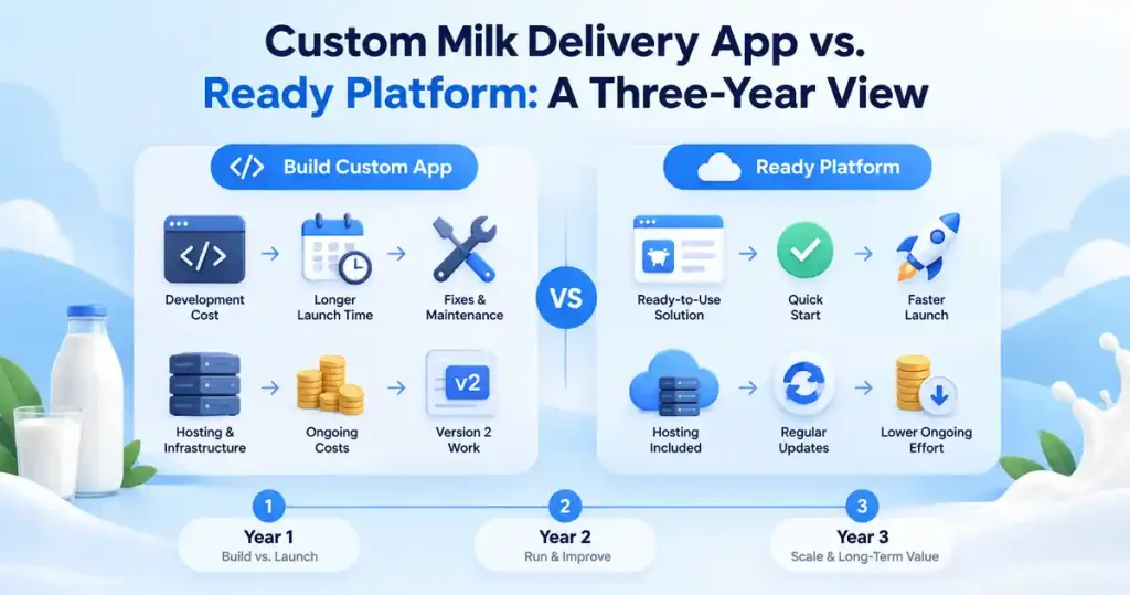 Custom milk delivery app vs. ready platform comparison showing development cost, launch time, maintenance, hosting, updates, ongoing effort, and a three-year view.