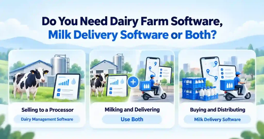 Dairy farm software vs. milk delivery software comparison showing dairy production management, combined milking and delivery operations, and milk distribution with route and delivery management.