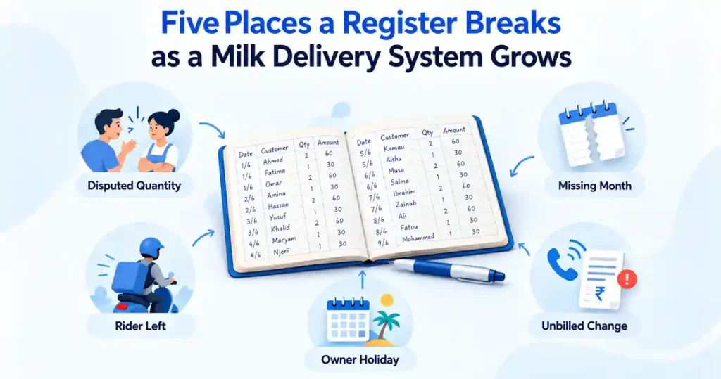 Milk delivery register showing five operational breakdowns as a business grows, including disputed quantities, missing months, rider dependency, owner absence, and unbilled customer changes.