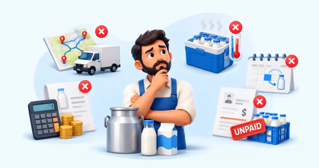 Milk delivery business mistakes illustration showing route planning problems, pricing errors, cold-chain temperature issues, missed delivery schedule changes, and unpaid customer balances.