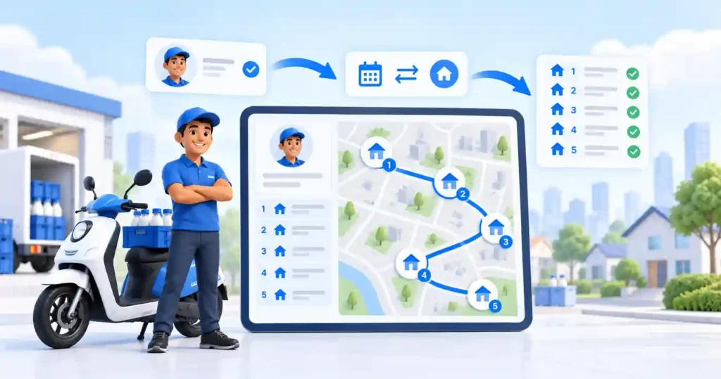 Milk delivery route planning dashboard showing a rider, scooter, customer stops, delivery schedule, and mapped route for efficient daily milk delivery management.