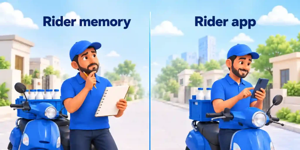 Split comparison of a milk delivery rider relying on memory and handwritten notes versus using a mobile rider app to manage customer delivery information more accurately.