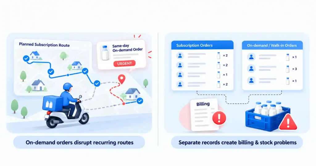 Delivery operations infographic showing a planned subscription route disrupted by an urgent same-day on-demand order, alongside separate subscription and walk-in order records causing billing and stock management issues.